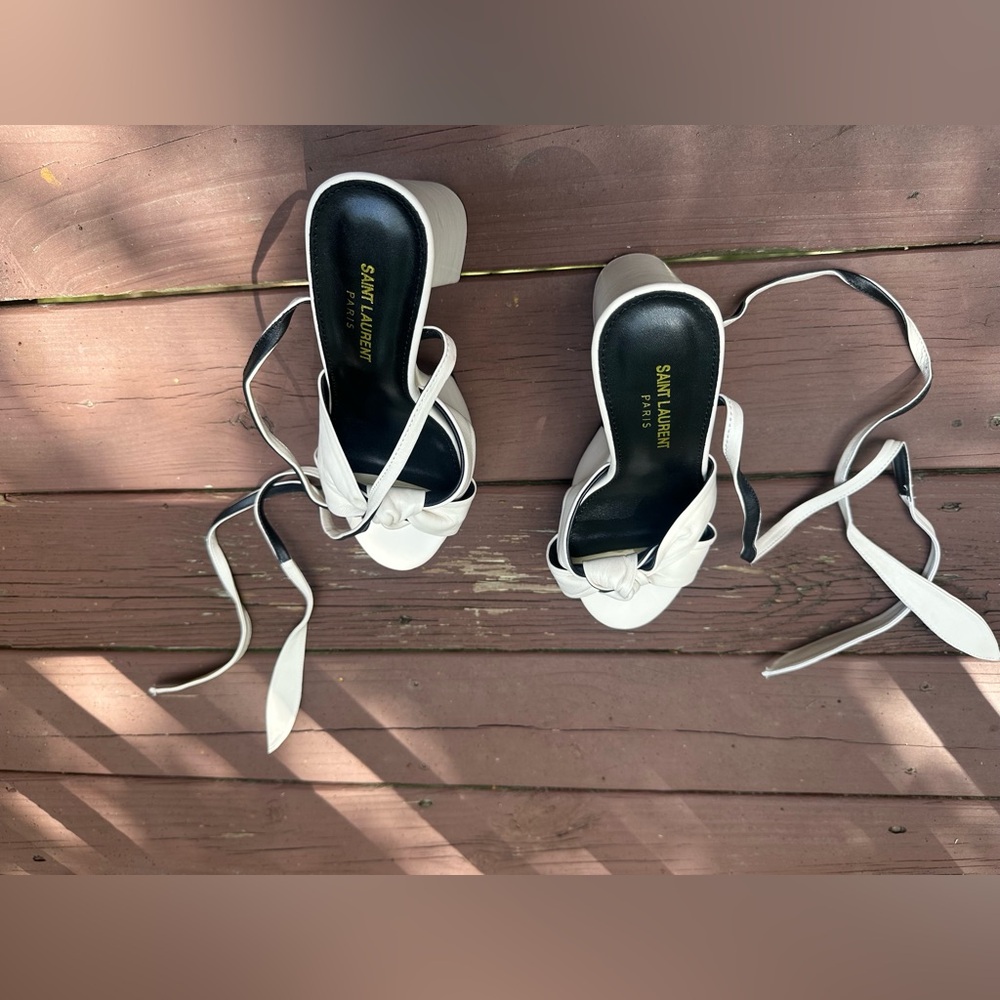 Saint Laurent White Leather Knot Front Lace-Up Block Heels Size 42 - Picture 2 of 3